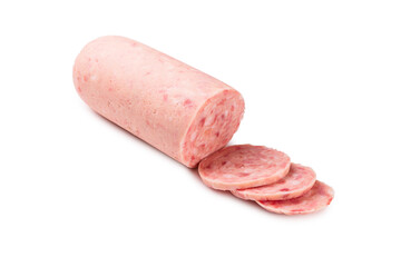 Boiled sausage isolated on white background. Slices.