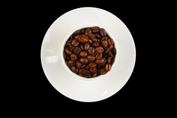 Cup of coffee and coffee beans.