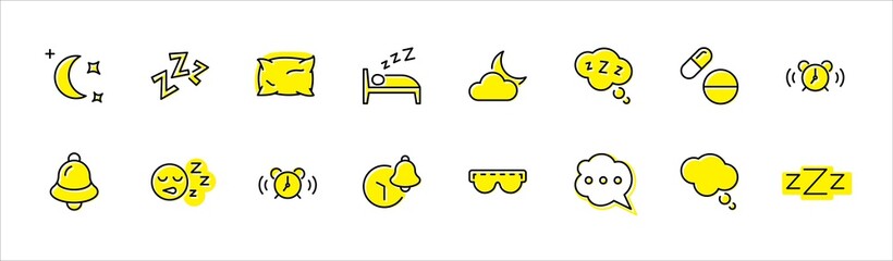 Sleep Vector Line Icons Set. Contains such Icons as Alarm Clock, Bed, Insomnia, Pillow, Sleeping Pills, Bell, Glasses for sleep, Bubble and more. Editable Stroke. 32x32 Pixel Perfect