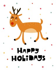 happy holidays. cartoon deer, hand drawing lettering, decor elements. holiday theme.  Colorful vector illustration, flat style. design for greeting cards, print, poster