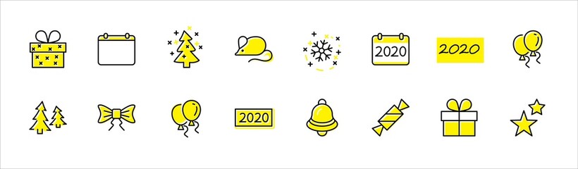 Happy New Year Pigs. Set vector line icon. Contains such Icons as Pig, Christmas Tree, Calendar 2019, Bow, Balloons, Bell, Candy, Gift Box, Stars, Snowflake. Editable Stroke. 32x32 Pixel Perfect