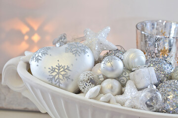 Fototapeta na wymiar Elegant Christmas Decoration In White And Silver