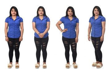 view of the same latino americana woman standing in different poses on white background