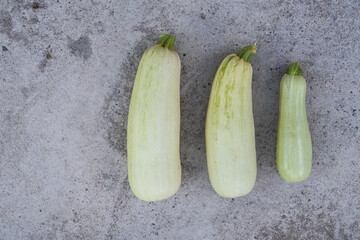 View from above on a three fresh courgette that lies on a gray background with copy space.