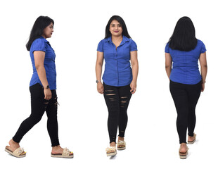 Fototapeta premium back, front and side view of same woman walking on white background
