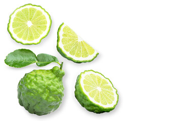 Obraz na płótnie Canvas Bergamot ( kaffir ) with green leaf and half slice isolated on white background . Top view. Flat lay. Copy space.