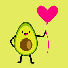 Cute cartoon avocado holding balloon, Valentine's day greeting card. Avocado love with heart