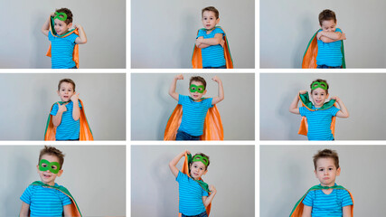 collage of children's emotions. little funny boy playing a superhero. Kid in an Superhero's...