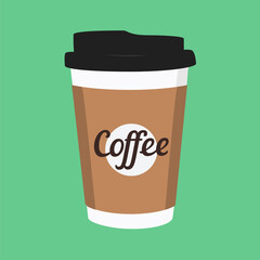 Vector illustration disposable coffee cup icon on green background. Coffee cup logo