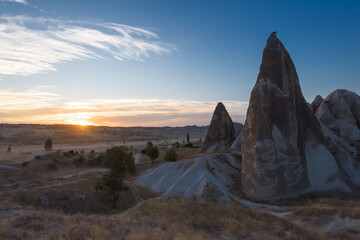 Red valley Cappadocia at sunset,  rock formations in Cappadocia, Turkey.
