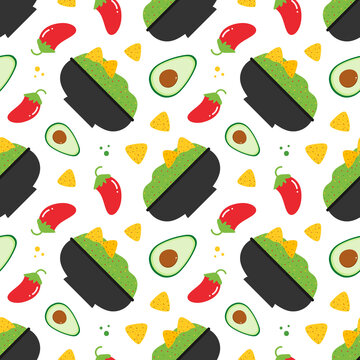 Mexican Guacamole Dip In Bowl With Avocados, Chili Peppers And Nacho Chips Vector Seamless Pattern Background.