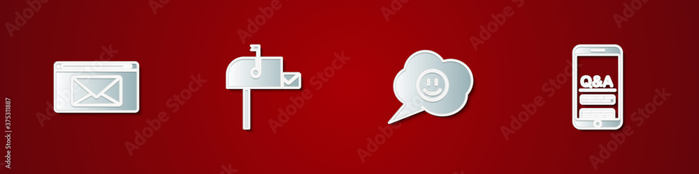 Poster set mail and e-mail, open box, speech bubble with smile face and mobile question exclamation icon. v