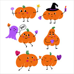  Illustration set with a picture of pumpkins in costumes for Halloween. In a hat, with a candle, with a ghost, with a heart in his hands.