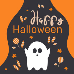 Illustration with decorations in Halloween. Poster of ghost and Halloween candy.