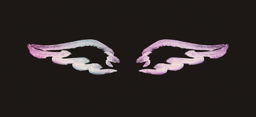 Abstract pink hand painted wings on black background in vintage nostalgic colors