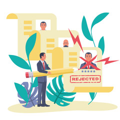 Recruitment concept. The boss rejects the job application. Human resources. Red mark for symbol rejection. Decline the candidacy. Vector illustration flat design. Isolated on background.