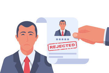 Reject resume. Head hunter holds a stamped candidate document rejecting a job application. Sad business manager. Job search. Vector flat design. Isolated on white background. Bad news about work.