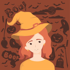 Happy Halloween greeting card with witch in hat and halloween decoration elements. Vector illustration for greeting card, poster, print, party invitation