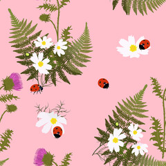 Obraz na płótnie Canvas Seamless vector illustration with thistle and ladybird