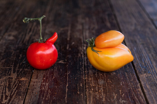 Ugly tomato on a wooden background. Funny, unnormal vegetable or food waste concept. Horizontal orientation