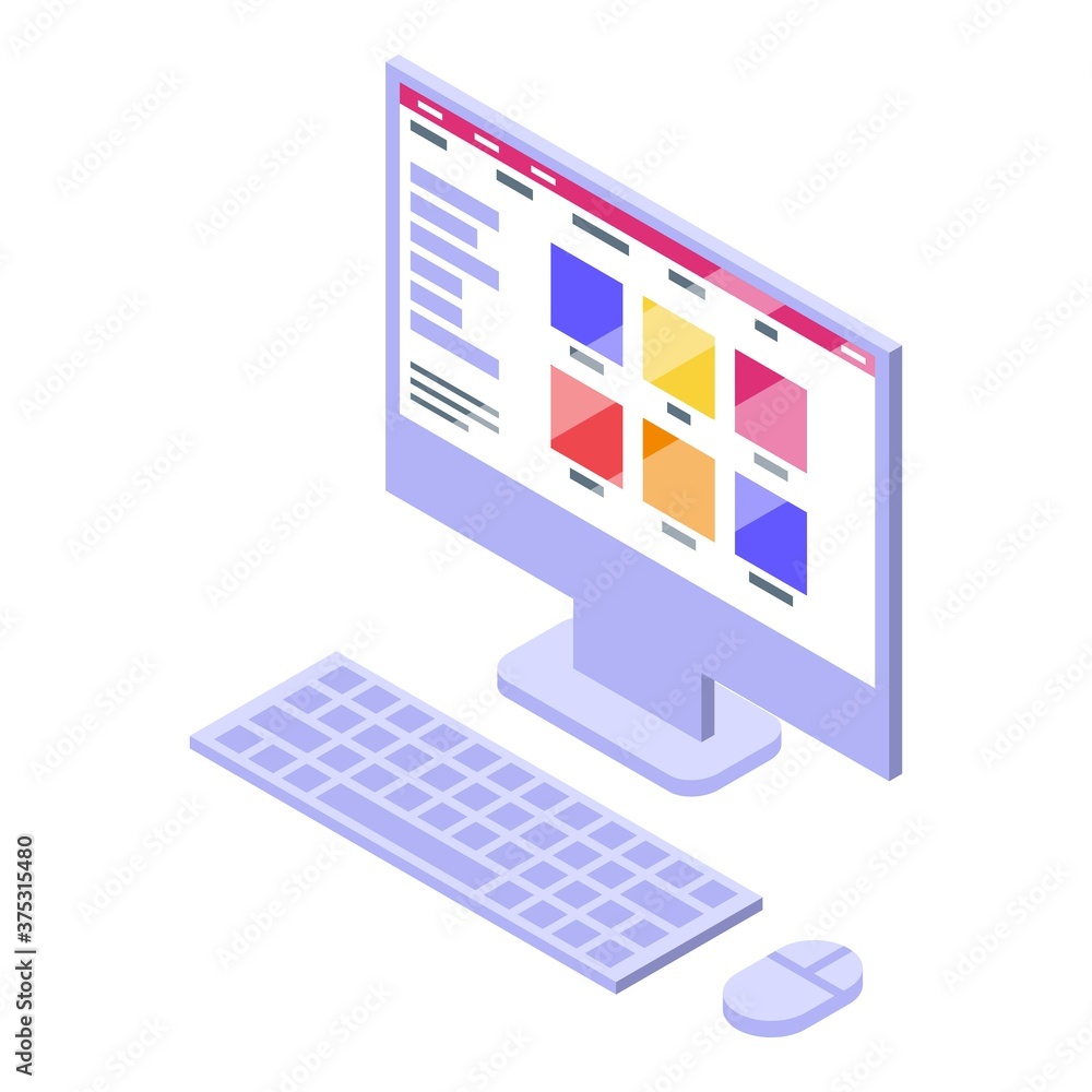 Poster home office desktop computer icon. isometric of home office desktop computer vector icon for web des