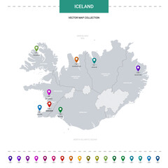 Iceland map with location pointer marks. Infographic vector template, isolated on white background.