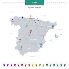 Spain map with location pointer marks. Infographic vector template, isolated on white background.
