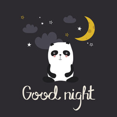 Hand drawn illustration with panda, moon, stars and lettering. Colorful cute background vector. Good night, poster design. Backdrop with english text, animal, sky. Funny card, phrase