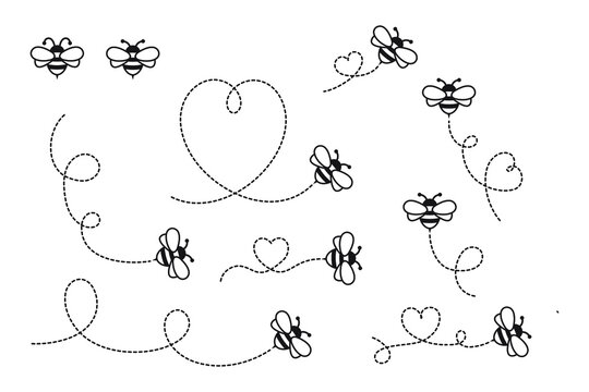 Cartoon Bee Flying on a Heart Shaped Dotted Route