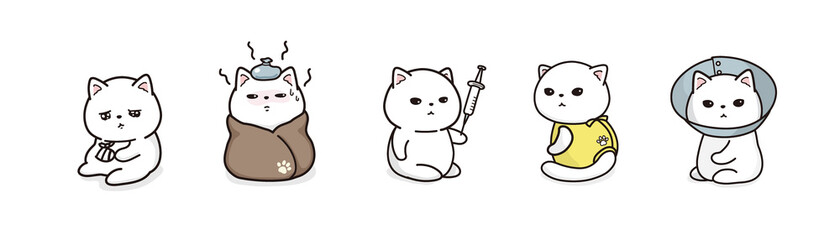 病気の猫のイラストレーションセット
