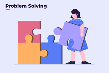 vector flat illustration problem solving, finding solution with teamwork and partnership. solutions and problem solving. can be use for website, UI/UX, landing page, apps, presentation.