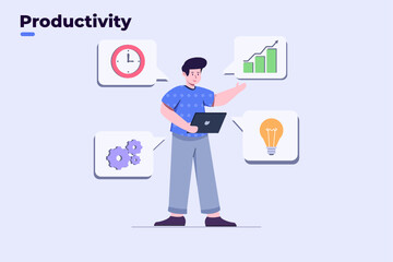 vector flat illustration freelancer people with working at tablet pc. time management, graph performance chart, creative idea, productive, productivity, effective. can be use for website, ui ux.