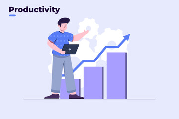 vector flat illustration incrase productivity or improve productivity. with performance chart graph. with active gear concept. investment successful. business growth with happy people. website, ui ux.