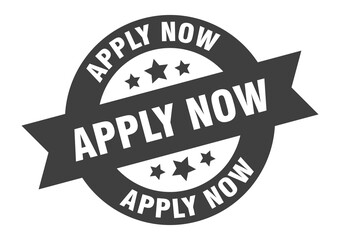 apply now sign. round ribbon sticker. isolated tag