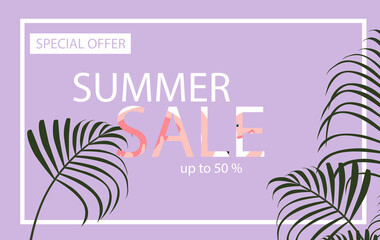 Summer sale banner with flamingo and tropical leaves background