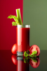 Tomato juice with celery on a black reflective background.