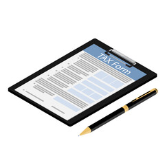 Isometric black clipboard with tax form and ballpoint pen icon isolated on white background.
