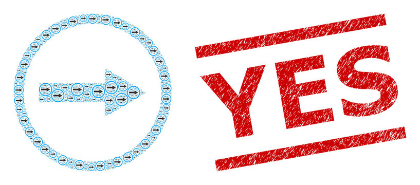 Recursive mosaic right rounded arrow and Yes textured stamp seal. Vector mosaic is created with scattered right rounded arrow items. Stamp seal includes Yes text between parallel lines.