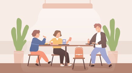 Adolescent children spend time together during school break talking and eating in canteen. Schoolchild sitting at table. Pupil holding tray with lunch. Flat vector cartoon illustration