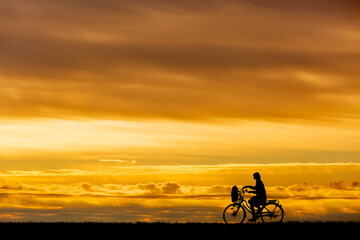 Fototapeta premium 夕陽を背景に自転車通学する女子高校生のシルエット