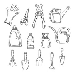Set of hand drawn garden tools. Vector collection