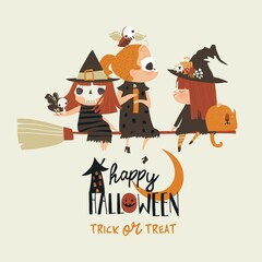 Cute Halloween redheaded witches flying on broom