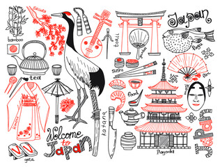 Big set of Japanese related hand drawn icons including sakura, pagoda, teapots, food, kimono, fugu fish and others. Doodle vector Japanese related collection