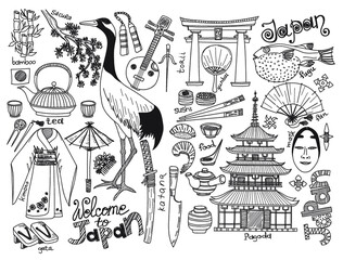 Big set of Japanese related hand drawn icons including sakura, pagoda, teapots, food, kimono, fugu fish and others. Doodle vector Japanese related collection