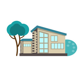 Fototapeta premium Icon of an ecological house in green bushes and design elements. Cute house, drawn in cartoon style, isolated on a white background. Vector illustration in a flat style.