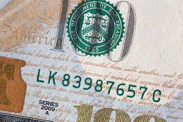Texture of dollar bills. One hundred dollars. Close-up.