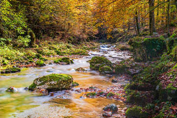 Autumn. Explosion of colors on the waterfalls and streams of the Val d'Arzino.