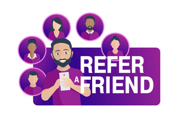 Fototapeta na wymiar Refer a friend promo banner - referral program creative banner template - happy man holding phone and his friends around (people icons, avatars) - vector isolated illustration