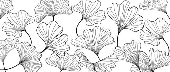 Ginkgo leaves background vector. Luxury black and white floral art deco wallpaper. Gold natural pattern design Vector illustration.