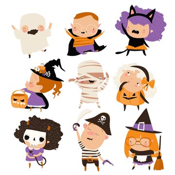 Cute cartoon happy kids in Halloween costumes